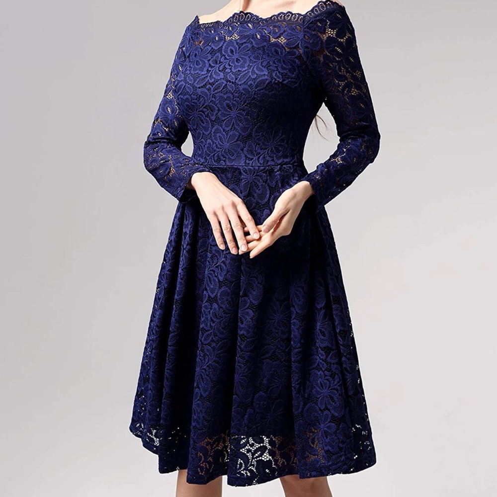 Miusol Vintage Floral Lace, Long Sleeve Cocktail Party Swing Dress in Navy